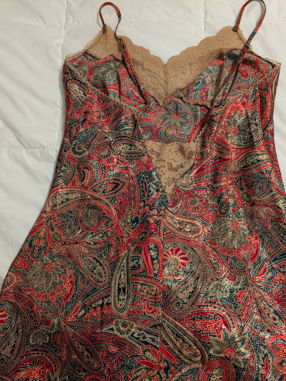 Victoria's Secret Paisley Satin Slip Dress in Red, Green and Beige Lace - Picture 6 of 7